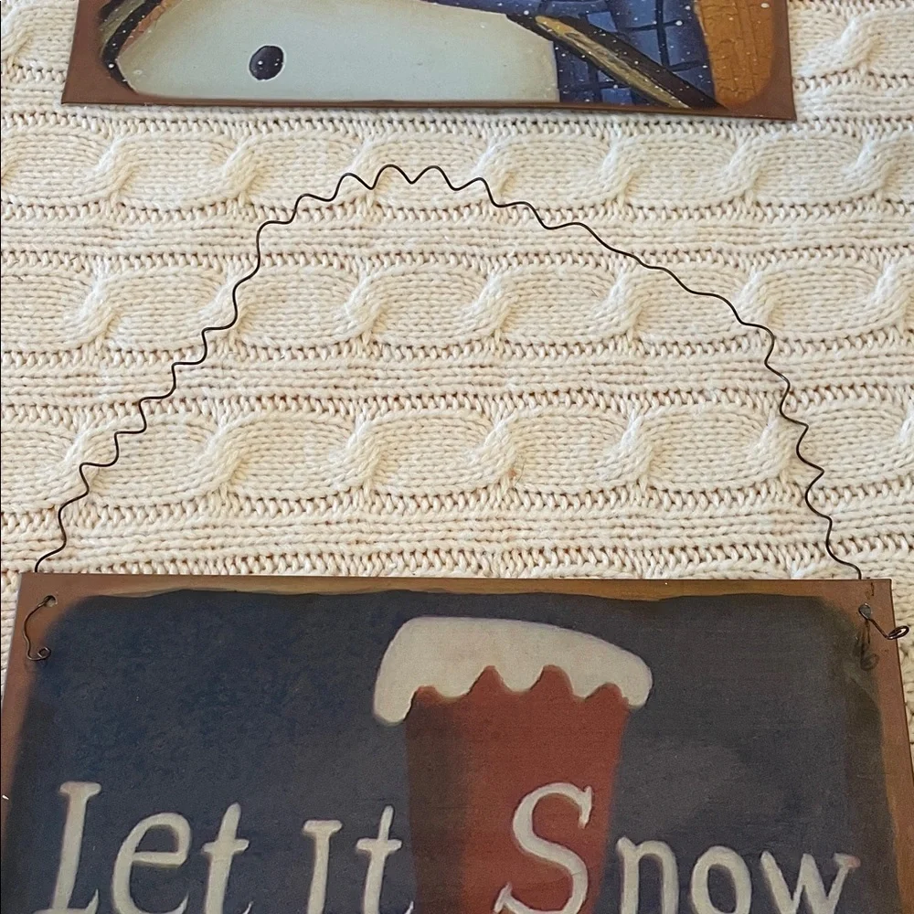 2 Tin snowman decorations w/ wire hanger. 8.6” square. Winter Christmas decor